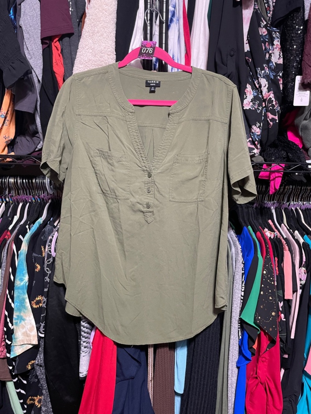 #076 size 0 Torrid Olive Green Harper Short-Sleeve Top